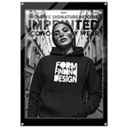 A black graphic hoodie with the words 'FORM FINDING DESIGN' printed in white on the front, worn by a model in a black-and-white street scene. The image is presented as a framed poster-style product shot with text reading 'WOMEN'S SIGNATURE HOODIE IMPRINTED ICONOGRAPHY WEAR'.
