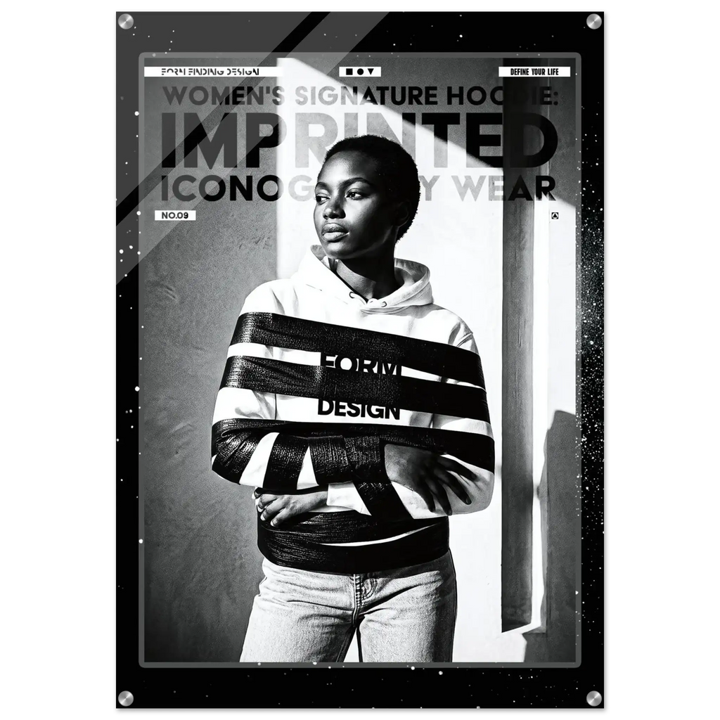 A black and white fashion poster featuring a model wearing a striped hoodie with the words 'FORM FINDING DESIGN' across the chest. The poster includes text reading 'WOMEN'S SIGNATURE HOODIE: IMPRINTED ICONOGRAPHY WEAR' and 'HOODIE' in small labels at the top corners.