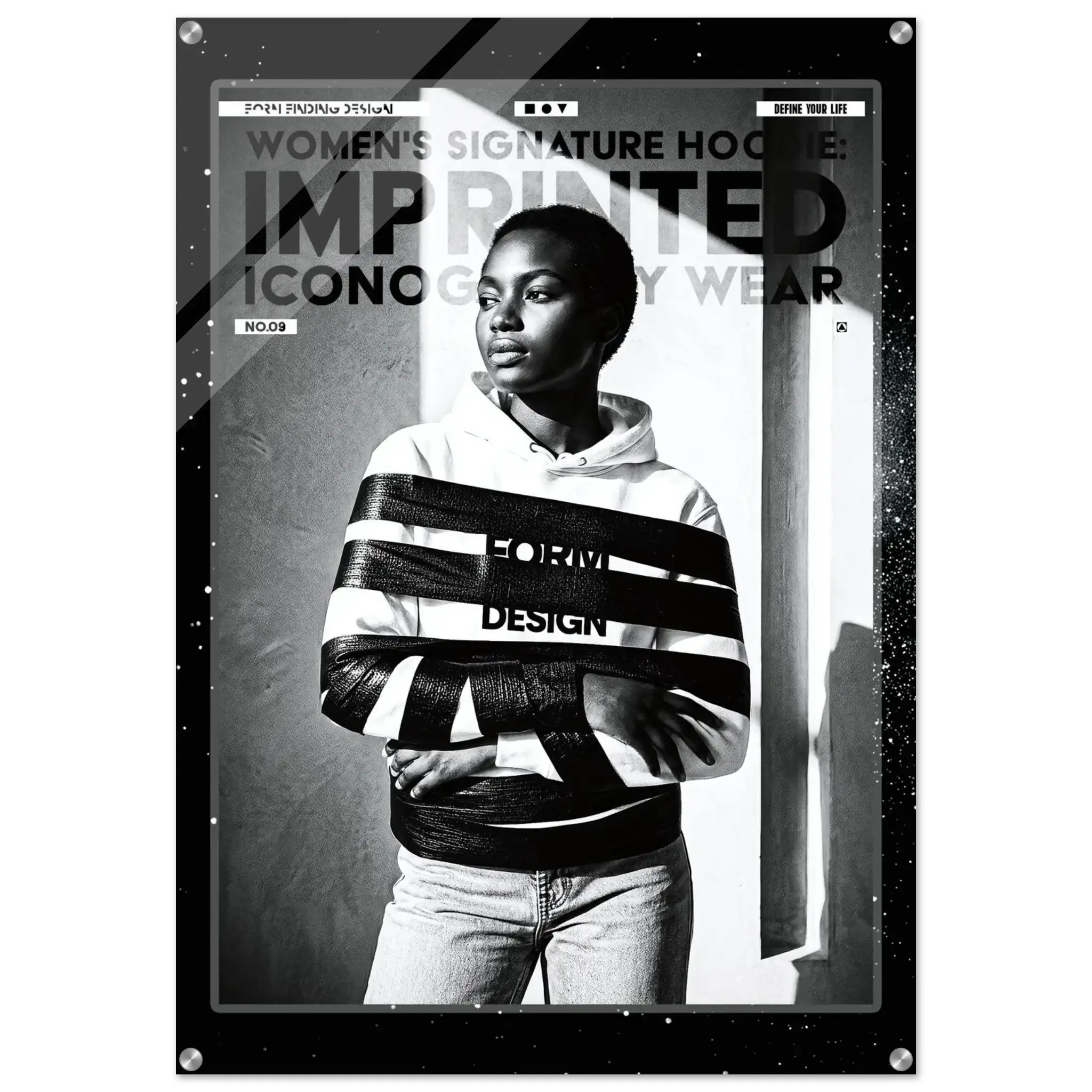 A black and white fashion poster featuring a model wearing a striped hoodie with the words 'FORM FINDING DESIGN' across the chest. The poster includes text reading 'WOMEN'S SIGNATURE HOODIE: IMPRINTED ICONOGRAPHY WEAR' and 'HOODIE' in small labels at the top corners.