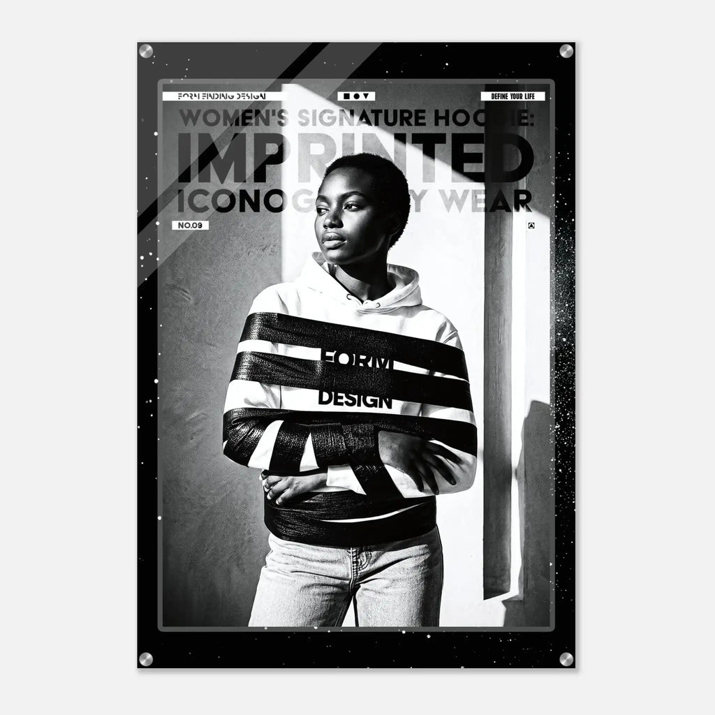 A black and white fashion poster featuring a model wrapped in bold horizontal stripes, with text reading 'WOMEN'S SIGNATURE HOODIE: IMPRINTED ICONOGRAPHY WEAR'.