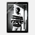 A black and white fashion poster featuring a model wrapped in bold horizontal stripes, with text reading 'WOMEN'S SIGNATURE HOODIE: IMPRINTED ICONOGRAPHY WEAR'.