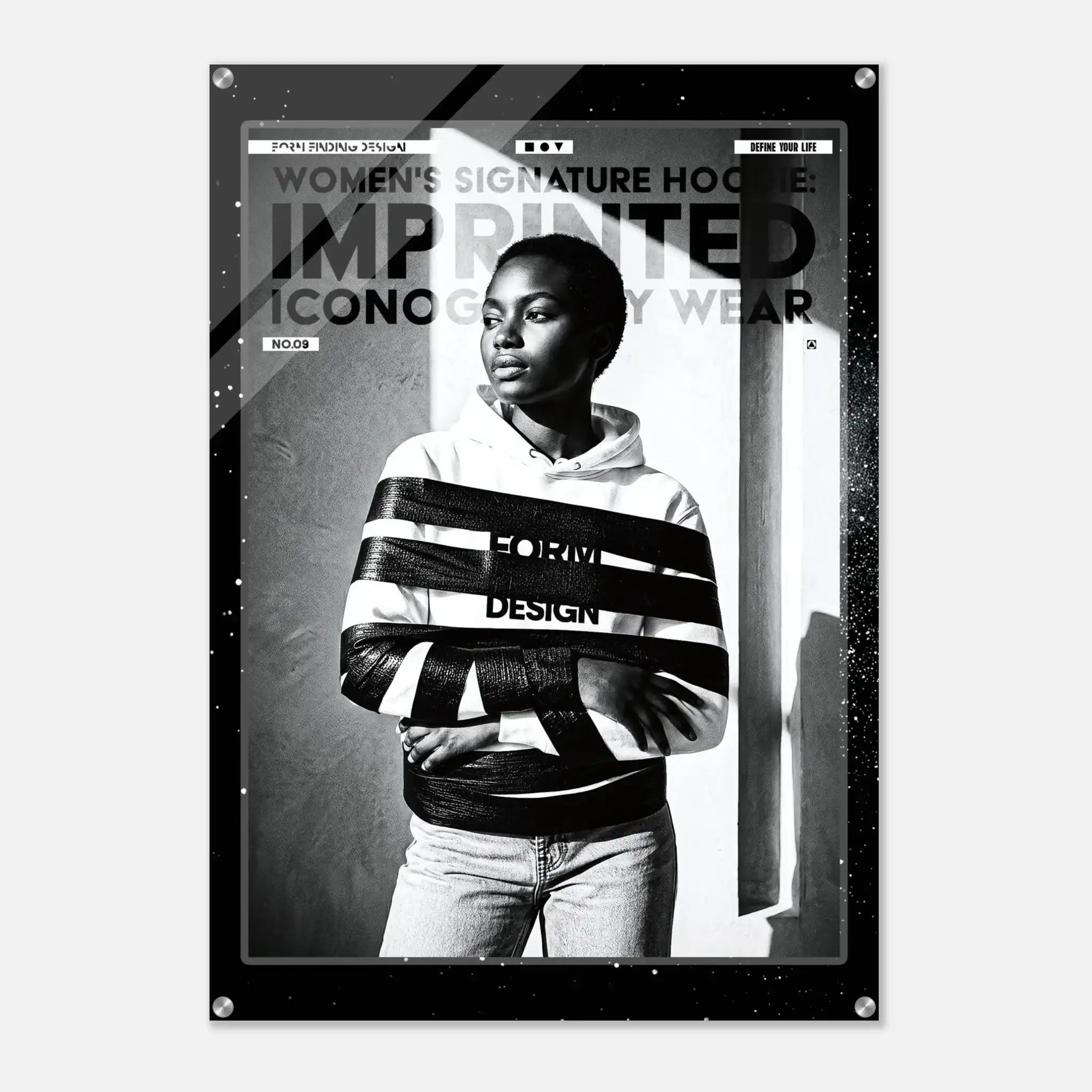 A black and white fashion poster featuring a model wrapped in bold horizontal stripes, with text reading 'WOMEN'S SIGNATURE HOODIE: IMPRINTED ICONOGRAPHY WEAR'.