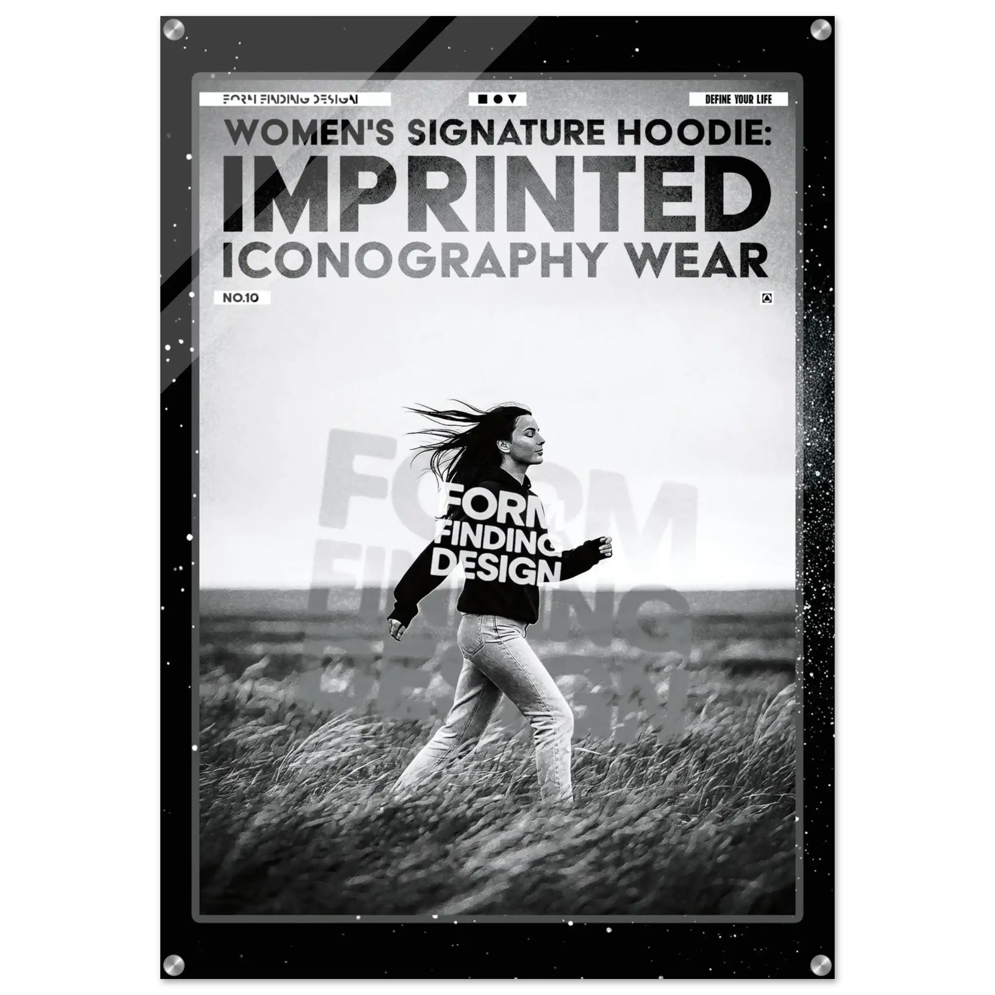 A black and white fashion poster or print featuring a woman walking through a field, with large text reading 'WOMEN'S SIGNATURE HOODIE: IMPRINTED ICONOGRAPHY WEAR' and 'FORM FINDING DESIGN.' The poster is shown against a light gray background with a thin dark border.