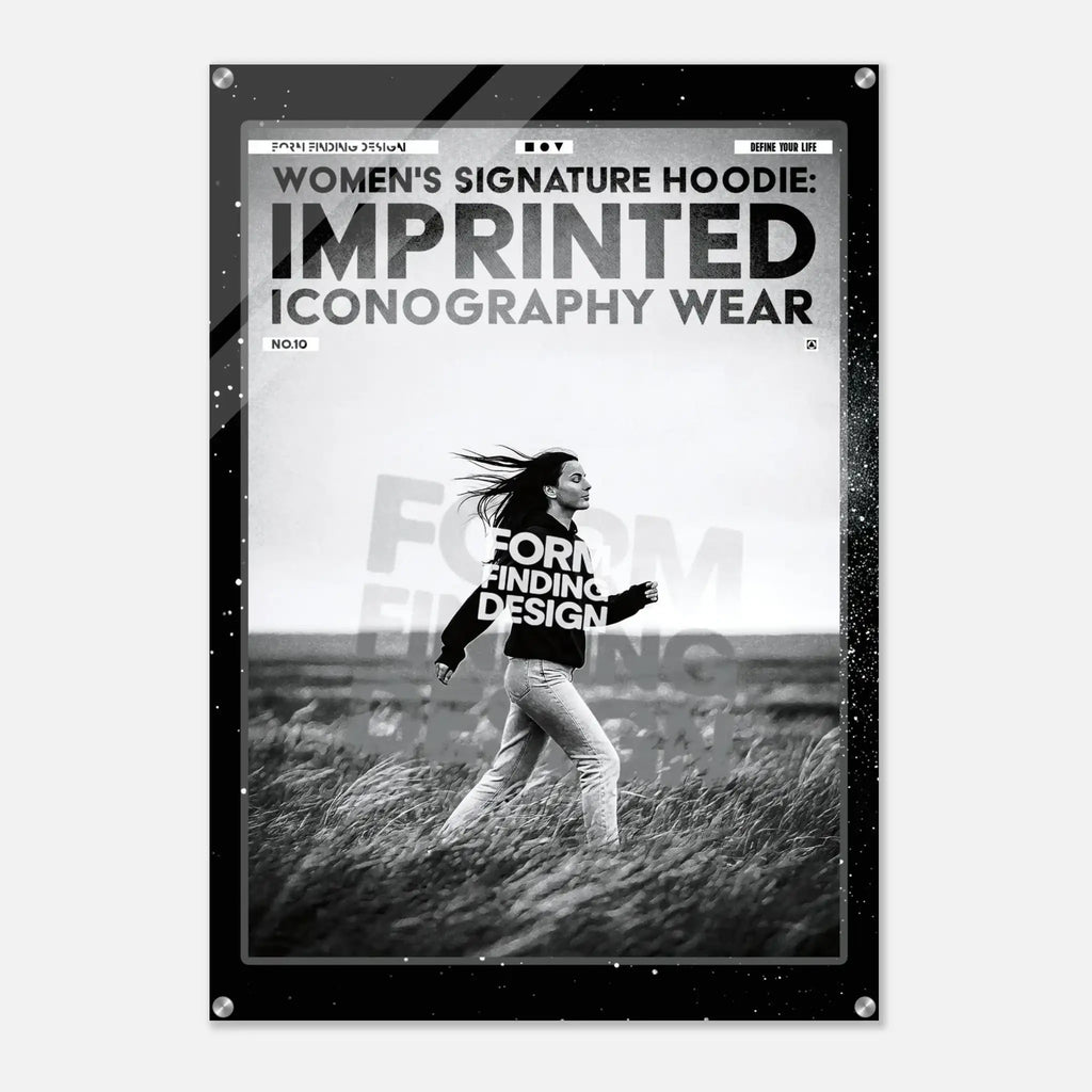 A black and white fashion poster mockup for 'Women's Signature Hoodie: Imprinted Iconography Wear' featuring a woman running through a field, displayed on a light gray background with a subtle drop shadow.