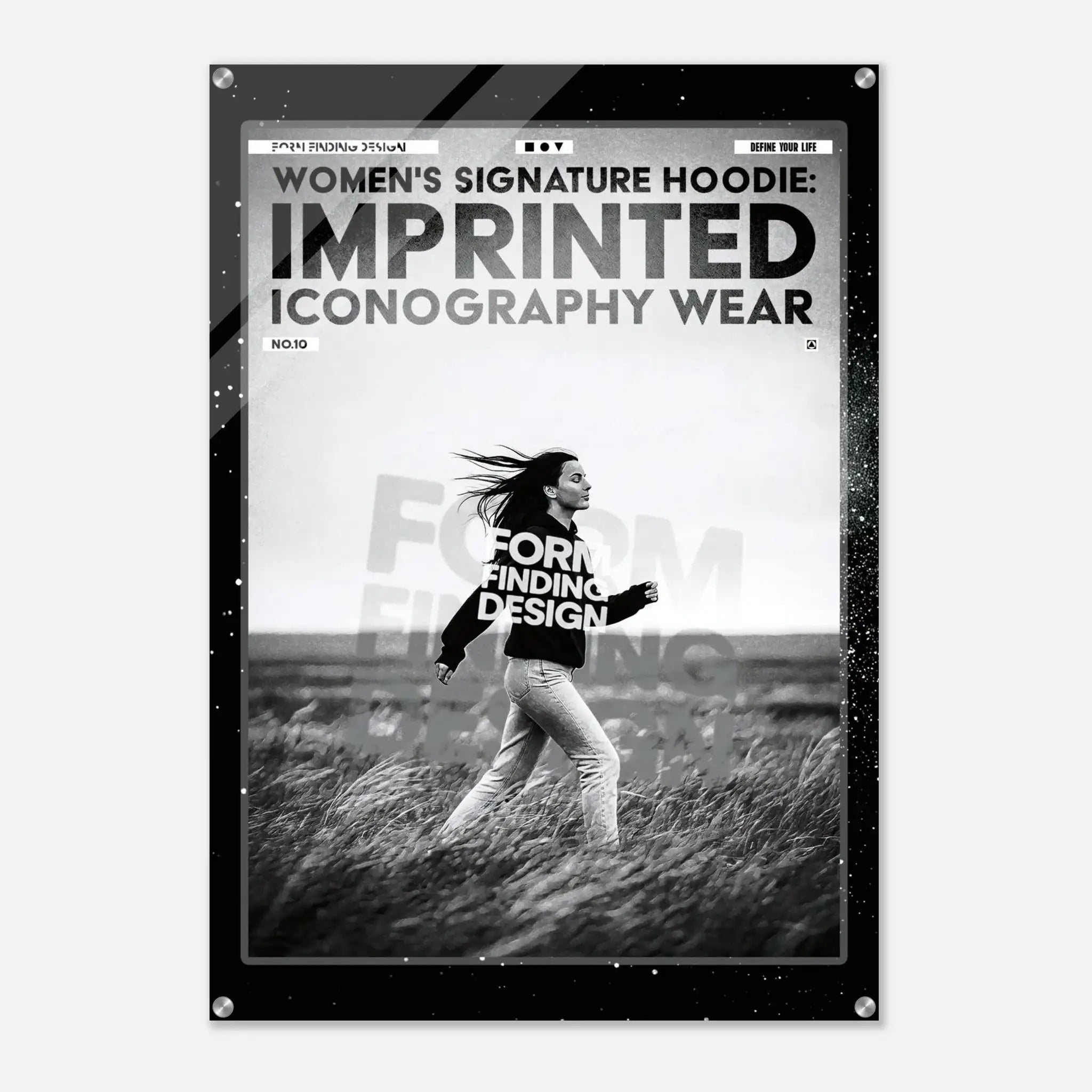 A black and white fashion poster mockup for 'Women's Signature Hoodie: Imprinted Iconography Wear' featuring a woman running through a field, displayed on a light gray background with a subtle drop shadow.