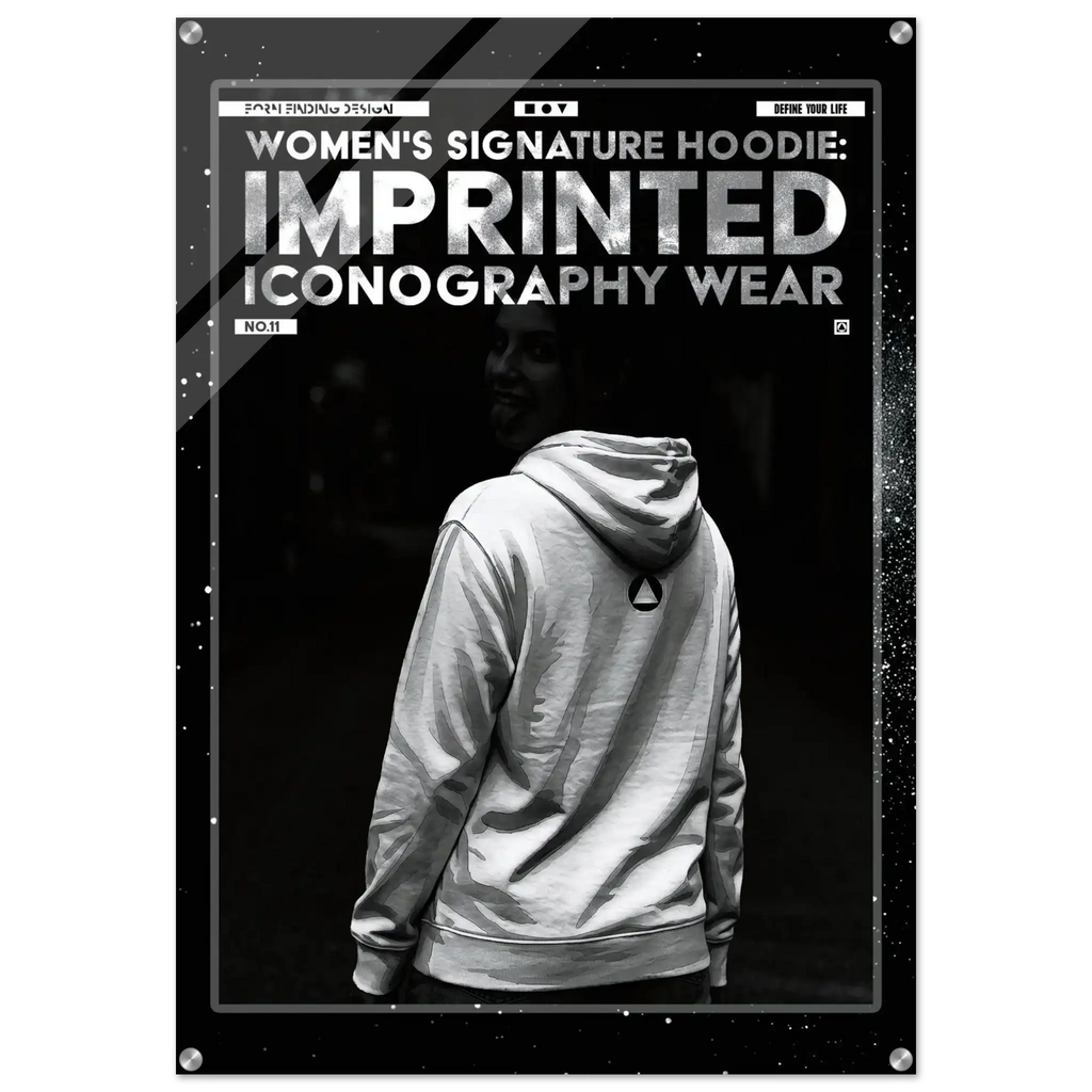 A black-and-white poster-style product image showing a person from behind wearing a hoodie, with large text reading 'WOMEN'S SIGNATURE HOODIE: IMPRINTED ICONOGRAPHY WEAR' and smaller text including 'FORM FINDING DESIGN'. The design has a distressed, graphic aesthetic with a dark border and white text.