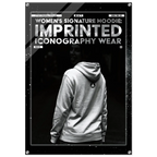 A black-and-white poster-style product image showing a person from behind wearing a hoodie, with large text reading 'WOMEN'S SIGNATURE HOODIE: IMPRINTED ICONOGRAPHY WEAR' and smaller text including 'FORM FINDING DESIGN'. The design has a distressed, graphic aesthetic with a dark border and white text.