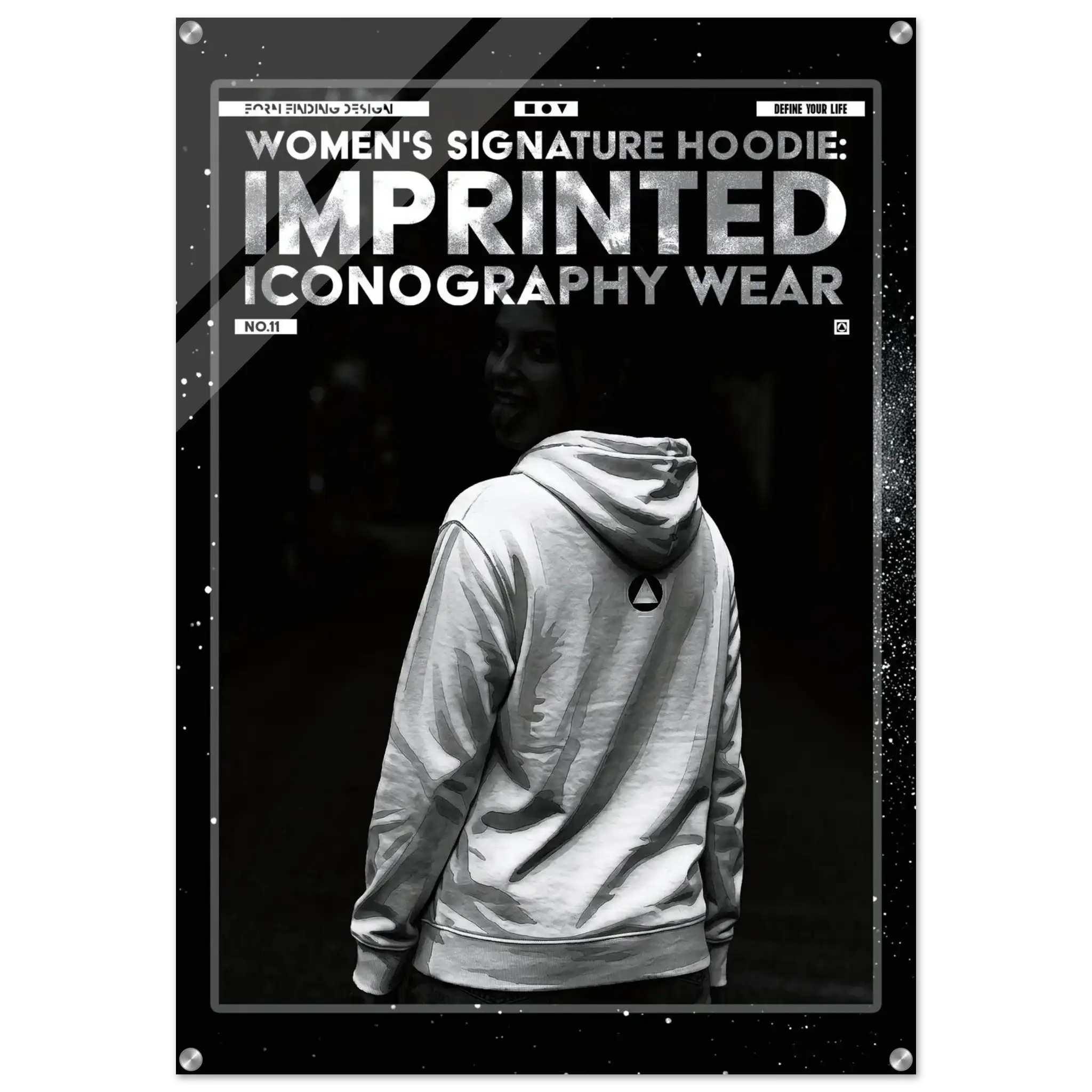 A black-and-white poster-style product image showing a person from behind wearing a hoodie, with large text reading 'WOMEN'S SIGNATURE HOODIE: IMPRINTED ICONOGRAPHY WEAR' and smaller text including 'FORM FINDING DESIGN'. The design has a distressed, graphic aesthetic with a dark border and white text.