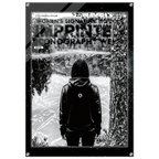 A black and white art print poster titled 'IMPRINTED ICONOGRAPHY WEAR' from 'WOMEN'S SIGNATURE HOODIE' featuring a person in a black hoodie seen from behind, standing in front of a tree and reflective water, with a black frame border.