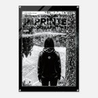 A black and white art print poster featuring a person from behind looking out of a window next to a tree trunk, with bold text overlays reading 'WOMEN'S SIGNATURE HOODIE IMPRINTED ICONOGRAPHY WEAR'.