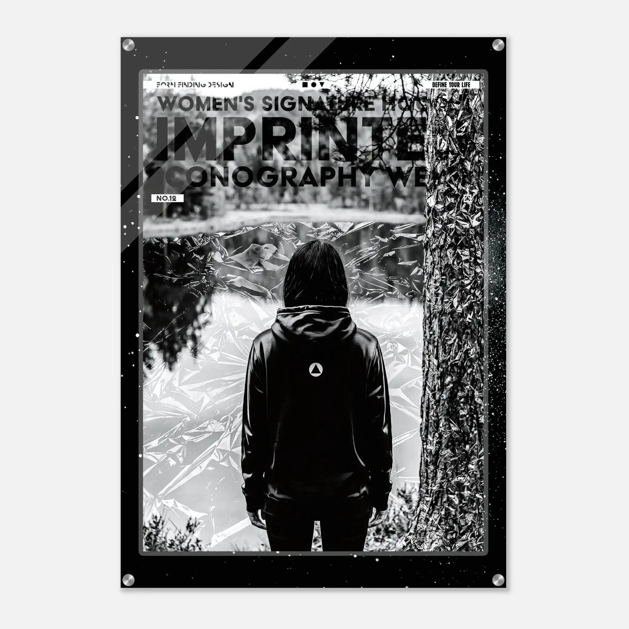 A black and white art print poster featuring a person from behind looking out of a window next to a tree trunk, with bold text overlays reading 'WOMEN'S SIGNATURE HOODIE IMPRINTED ICONOGRAPHY WEAR'.