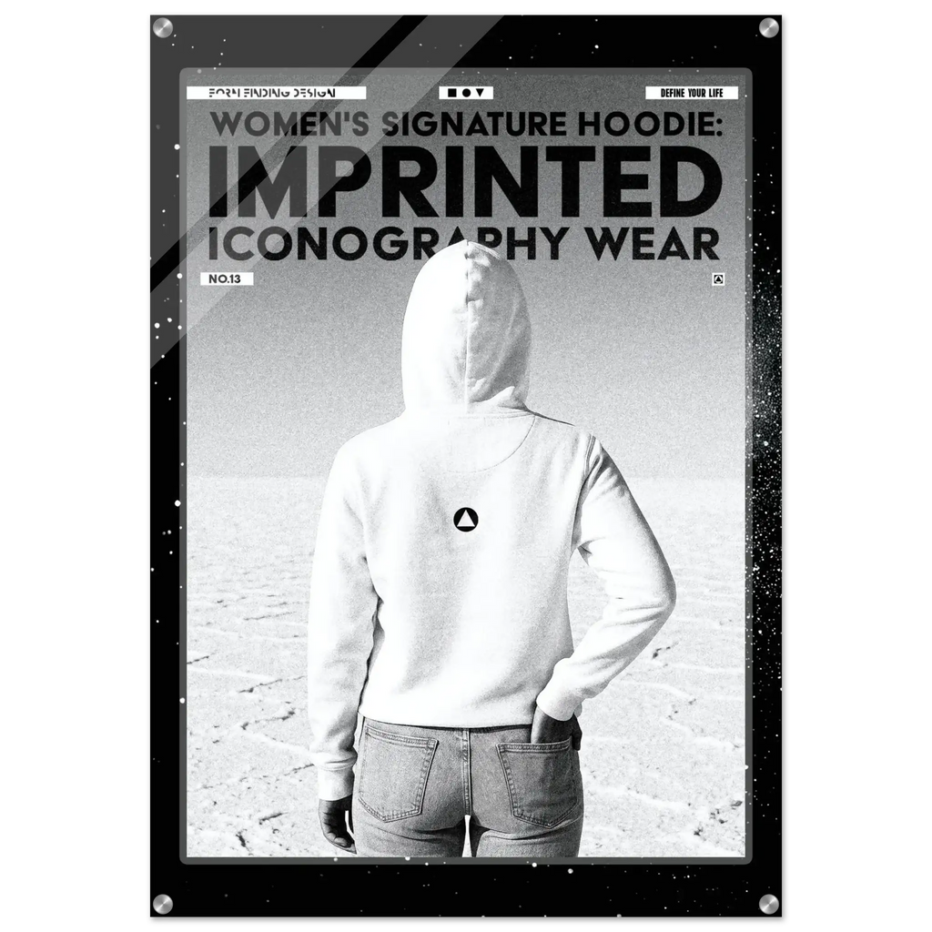 A black and white promotional poster-style image showing a person from behind wearing a white hoodie with a small circular logo on the back, standing in a flat desert landscape. Large text at the top reads 'WOMEN'S SIGNATURE HOODIE: IMPRINTED ICONOGRAPHY WEAR.