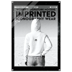 A black and white promotional poster-style image showing a person from behind wearing a white hoodie with a small circular logo on the back, standing in a flat desert landscape. Large text at the top reads 'WOMEN'S SIGNATURE HOODIE: IMPRINTED ICONOGRAPHY WEAR.
