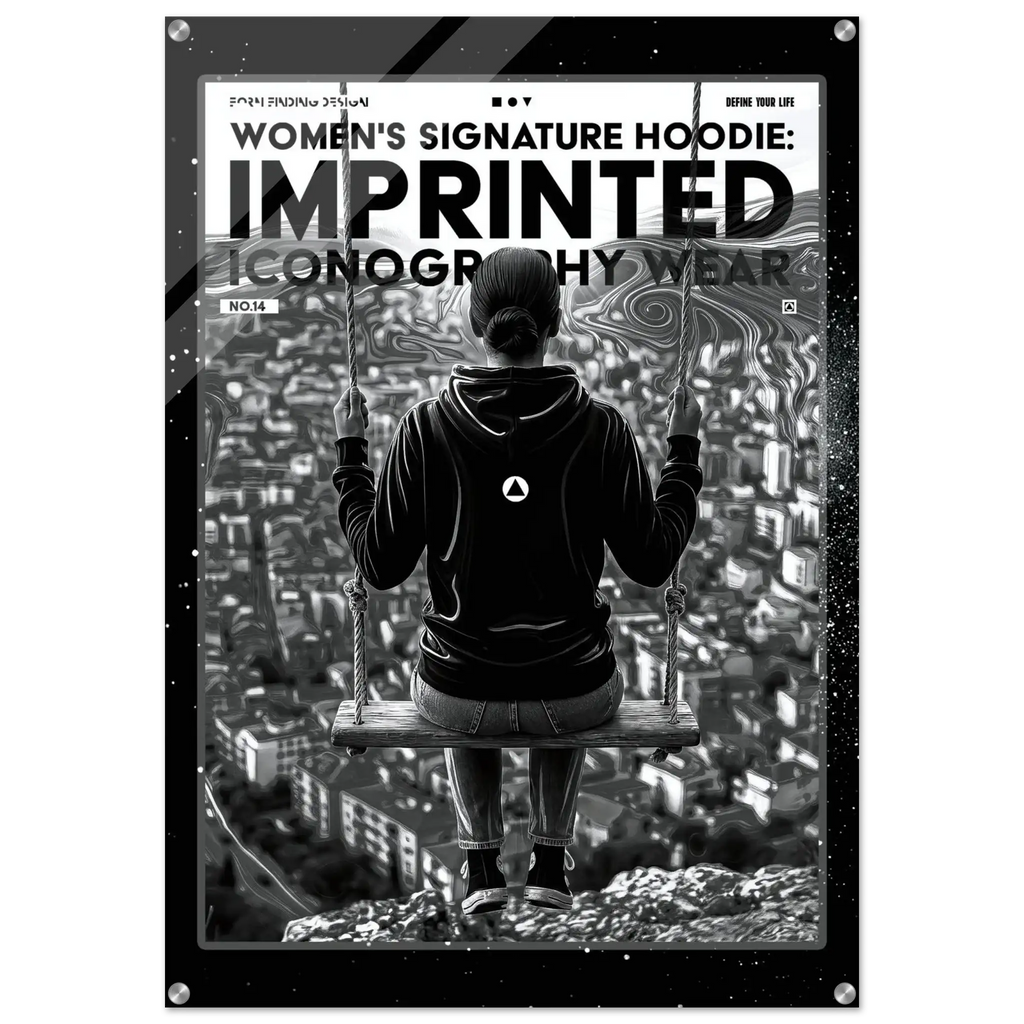 A black and white graphic poster or print featuring a person seen from behind sitting on a swing above a cityscape, with large text reading 'WOMEN'S SIGNATURE HOODIE: IMPRINTED ICONOGRAPHY WEAR' and a small circular logo on the hoodie back.