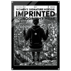 A black and white graphic poster or print featuring a person seen from behind sitting on a swing above a cityscape, with large text reading 'WOMEN'S SIGNATURE HOODIE: IMPRINTED ICONOGRAPHY WEAR' and a small circular logo on the hoodie back.