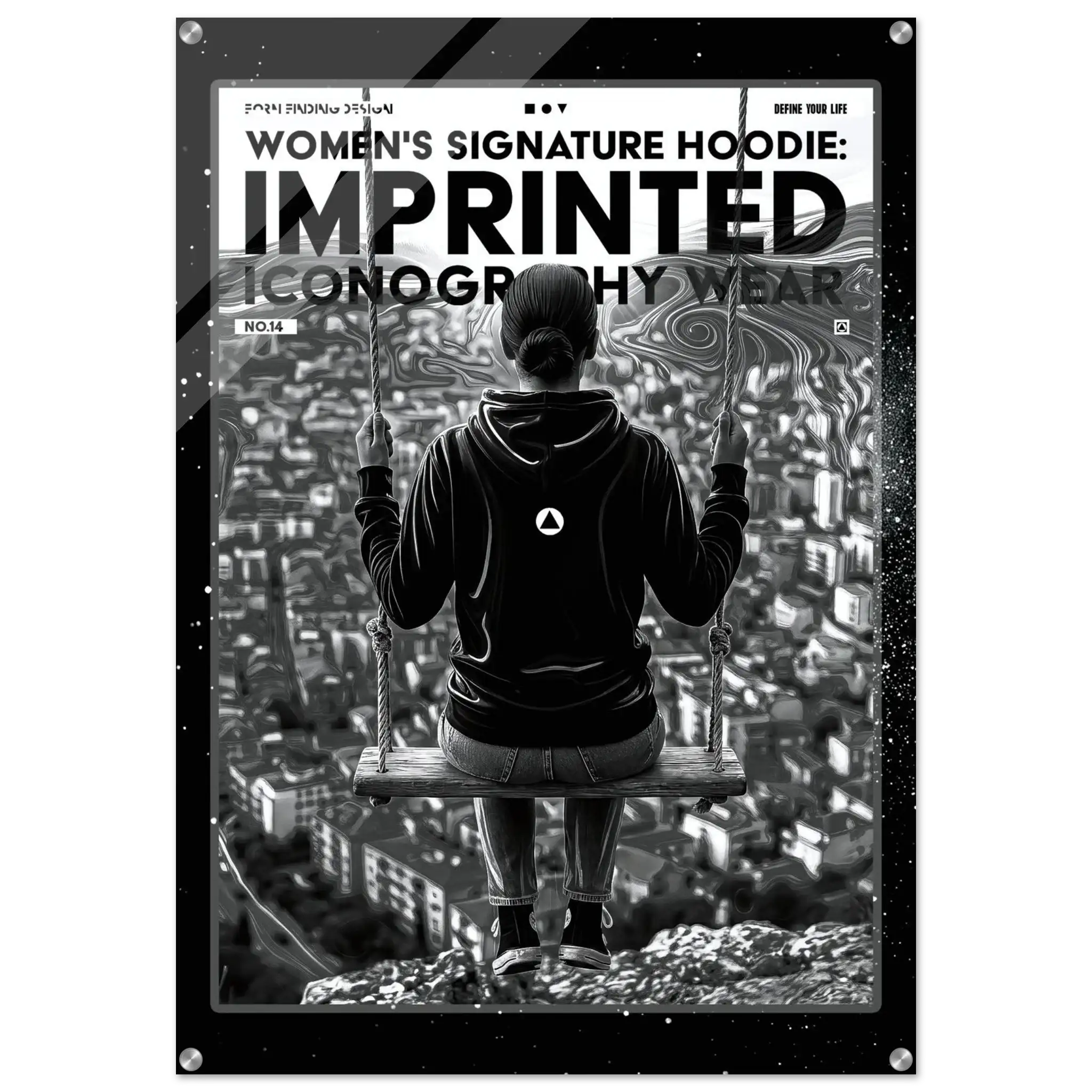 A black and white graphic poster or print featuring a person seen from behind sitting on a swing above a cityscape, with large text reading 'WOMEN'S SIGNATURE HOODIE: IMPRINTED ICONOGRAPHY WEAR' and a small circular logo on the hoodie back.