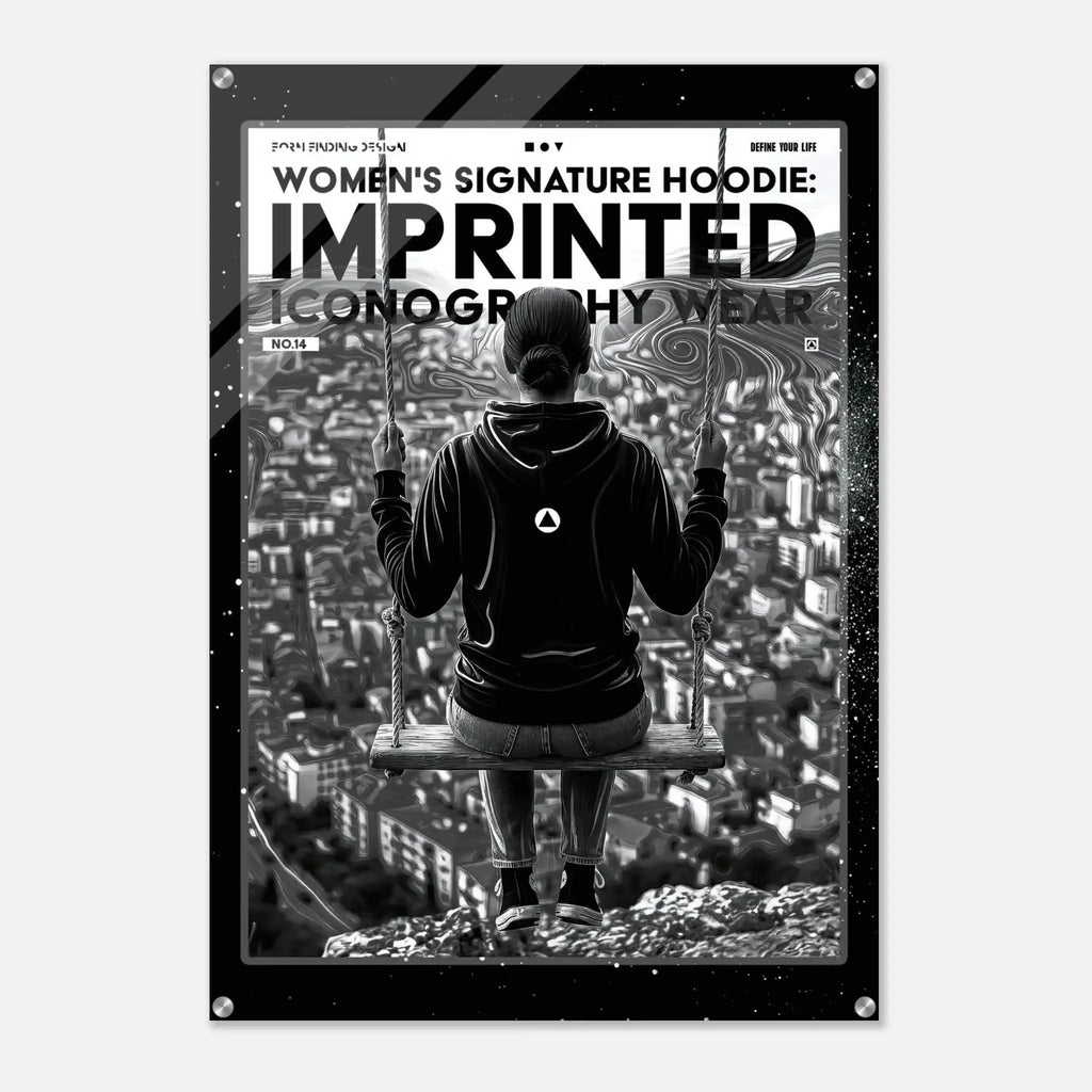 A black and white graphic poster featuring a person sitting on a swing above a cityscape, with bold text reading 'WOMEN'S SIGNATURE HOODIE: IMPRINTED ICONOGRAPHY WEAR' and a circular logo on the back of the hoodie. The poster is shown centered on a light gray background.