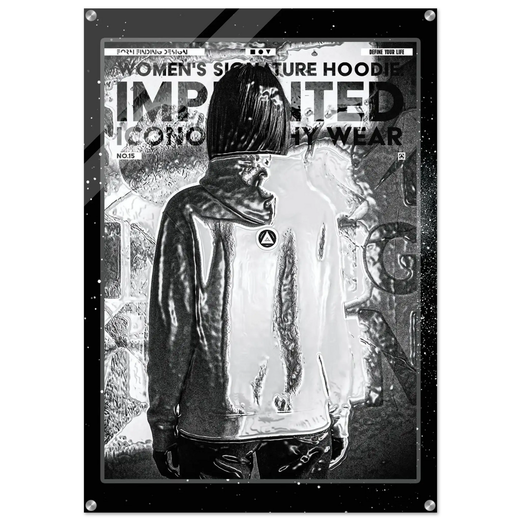 A black and white graphic poster featuring a stylized figure in a hooded jacket, with distressed text reading 'WOMEN'S SIGNATURE HOODIE IMPRINTED ICONOGRAPHY WEAR'.