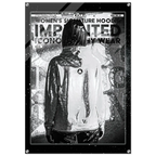 A black and white graphic poster featuring a stylized figure in a hooded jacket, with distressed text reading 'WOMEN'S SIGNATURE HOODIE IMPRINTED ICONOGRAPHY WEAR'.