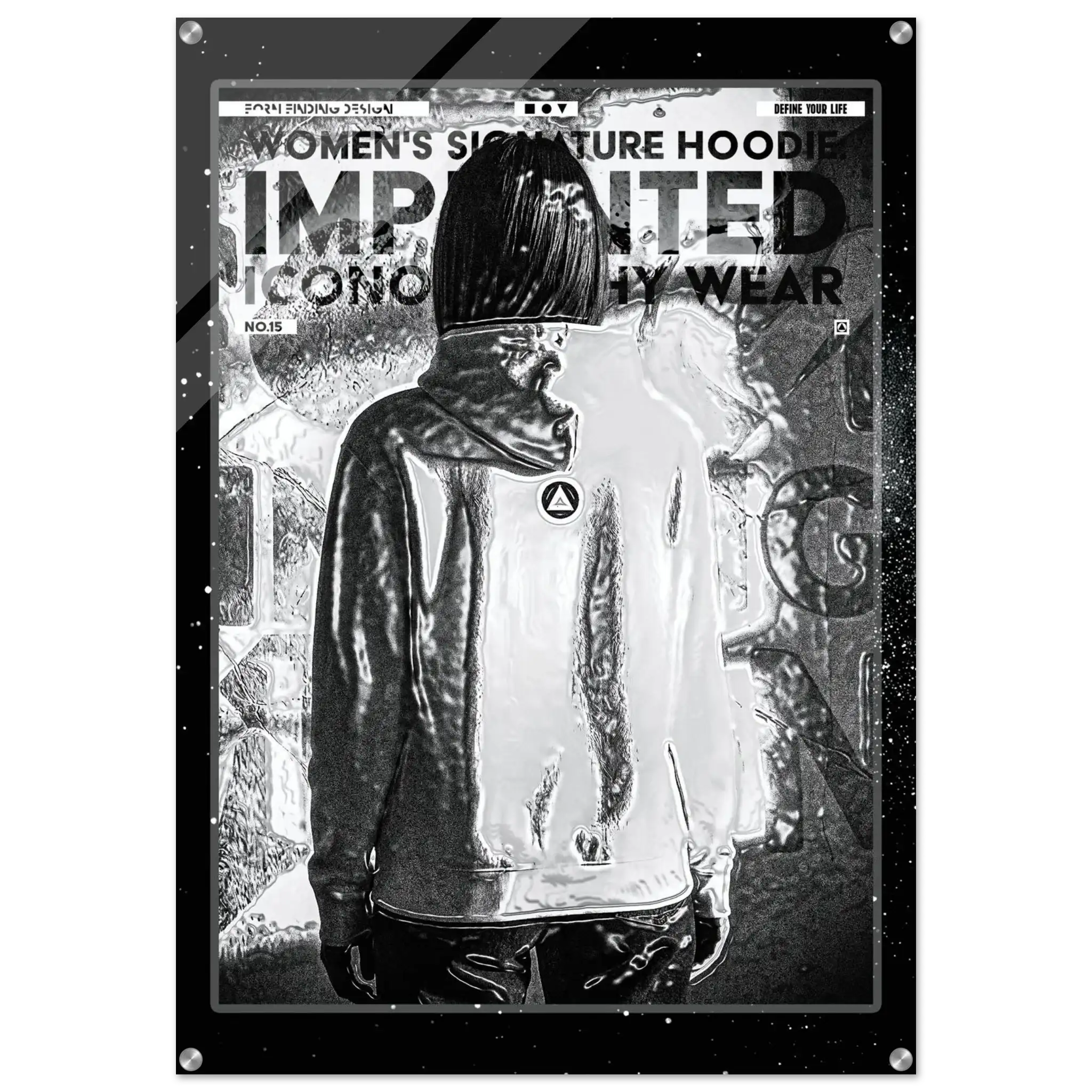 A black and white graphic poster featuring a stylized figure in a hooded jacket, with distressed text reading 'WOMEN'S SIGNATURE HOODIE IMPRINTED ICONOGRAPHY WEAR'.