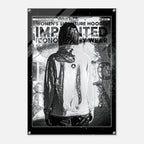 A black and white reflective poster featuring a hooded figure from behind, with bold text reading 'WOMEN'S SIGNATURE HOODIE IMPRINTED ICONOGRAPHY WEAR' and a glossy acrylic finish.