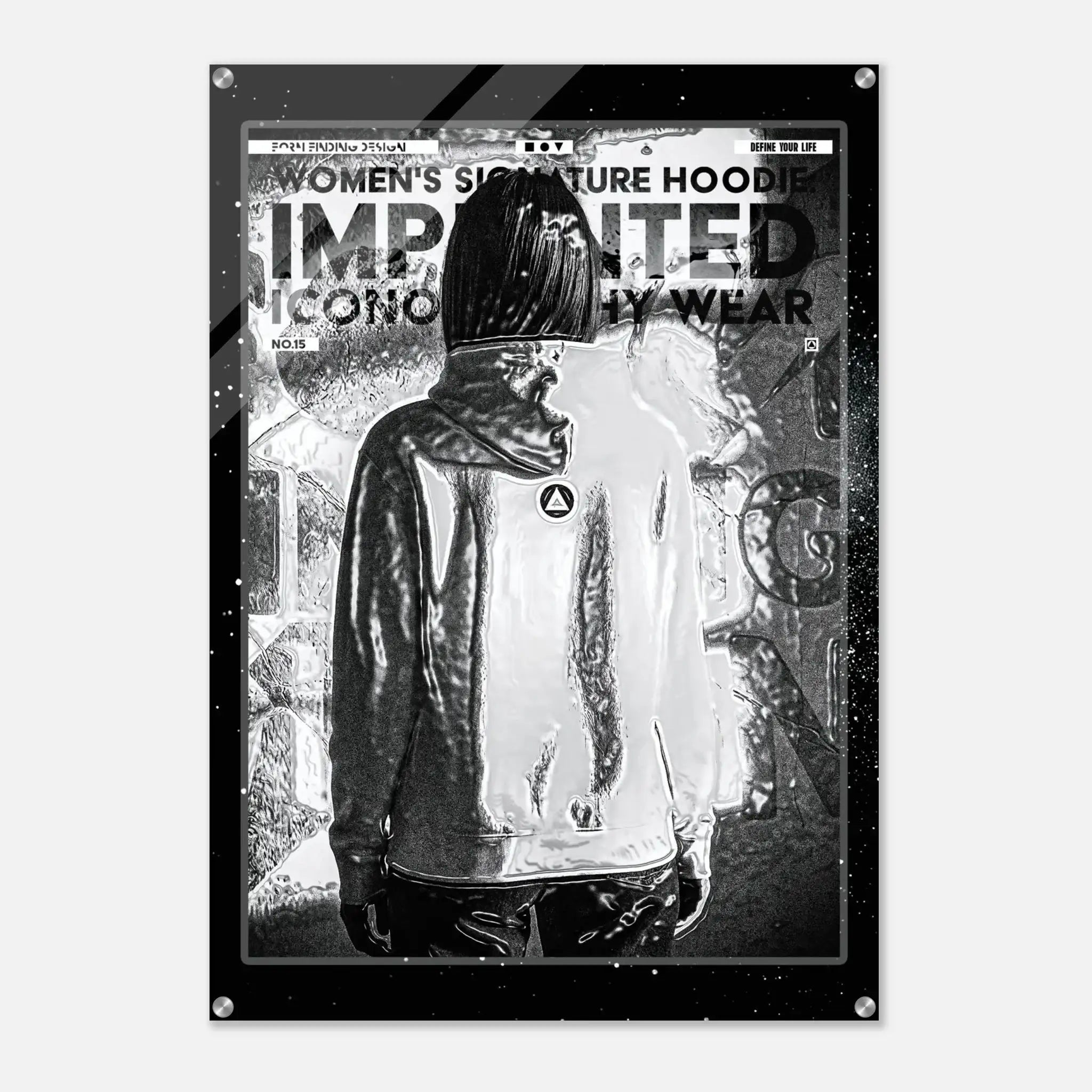 A black and white reflective poster featuring a hooded figure from behind, with bold text reading 'WOMEN'S SIGNATURE HOODIE IMPRINTED ICONOGRAPHY WEAR' and a glossy acrylic finish.