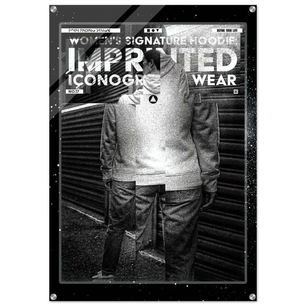 A black and white fashion poster or print featuring a person wearing a hoodie and jeans in front of a corrugated metal wall, with large stylized text reading 'WOMEN'S SIGNATURE HOODIE IMPRINTED ICONOGRAPHY WEAR'.