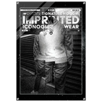 A black and white fashion poster or print featuring a person wearing a hoodie and jeans in front of a corrugated metal wall, with large stylized text reading 'WOMEN'S SIGNATURE HOODIE IMPRINTED ICONOGRAPHY WEAR'.