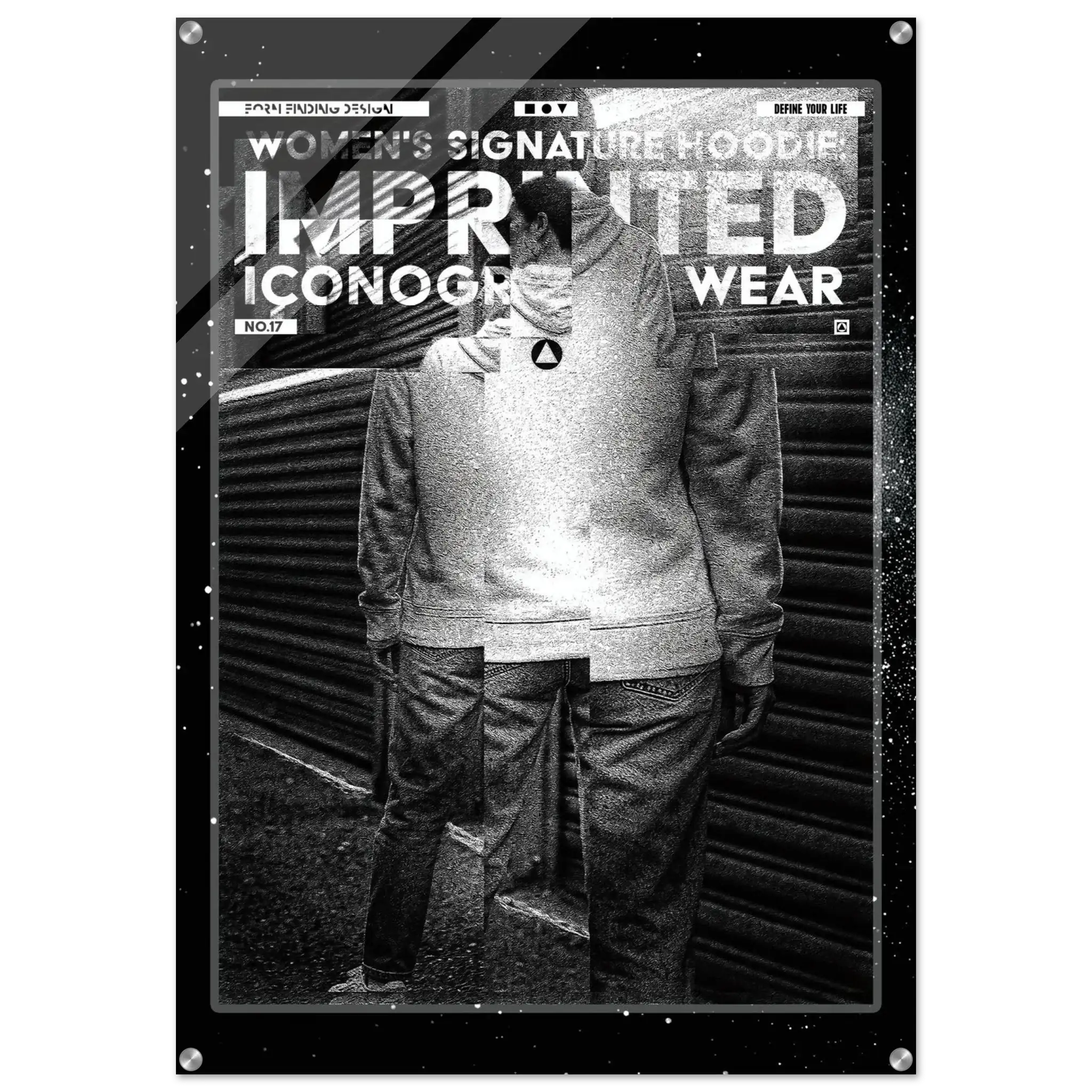 A black and white fashion poster or print featuring a person wearing a hoodie and jeans in front of a corrugated metal wall, with large stylized text reading 'WOMEN'S SIGNATURE HOODIE IMPRINTED ICONOGRAPHY WEAR'.