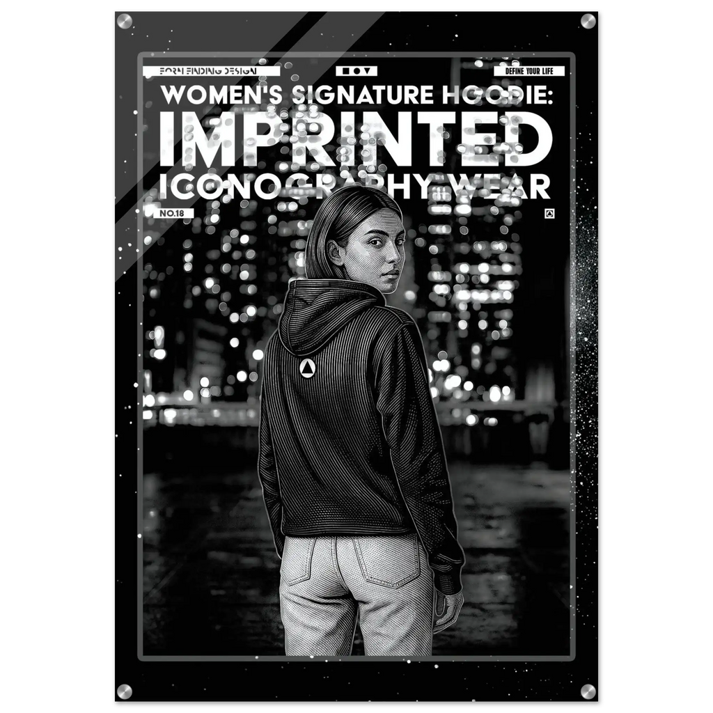 A black and white fashion poster featuring a woman from behind wearing a ribbed hoodie with a small circular logo on the back, set against a city skyline at night. The poster has a distressed, typographic design with the text 'WOMEN'S SIGNATURE HOODIE: IMPRINTED ICONOGRAPHY WEAR' and 'FORM FINDING DESIGN'.