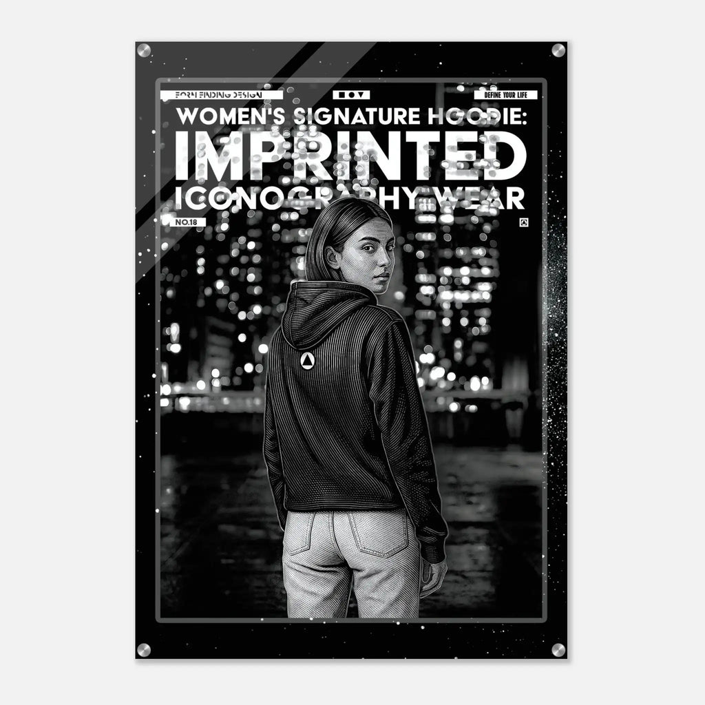 A black and white fashion poster featuring a woman from behind wearing a hoodie with a small circular logo on the back, set against a city skyline at night. The poster has a black border with the text 'WOMEN'S SIGNATURE HOODIE: IMPRINTED ICONOGRAPHY WEAR' and 'FORM FINDING DESIGN'.