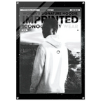 A black and white promotional poster or print featuring a person in a white hoodie standing outdoors, with large text reading 'WOMEN'S SIGNATURE HOODIE: IMPRINTED ICONOGRAPHY WEAR' and a branded logo on the back of the hoodie. The print is shown against a dark background with a subtle border.