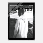 A black and white fashion poster featuring a model from behind wearing a hoodie, with bold text reading 'WOMEN'S SIGNATURE HOODIE: IMPRINTED ICONOGRAPHY WEAR' and 'NO.19'.
