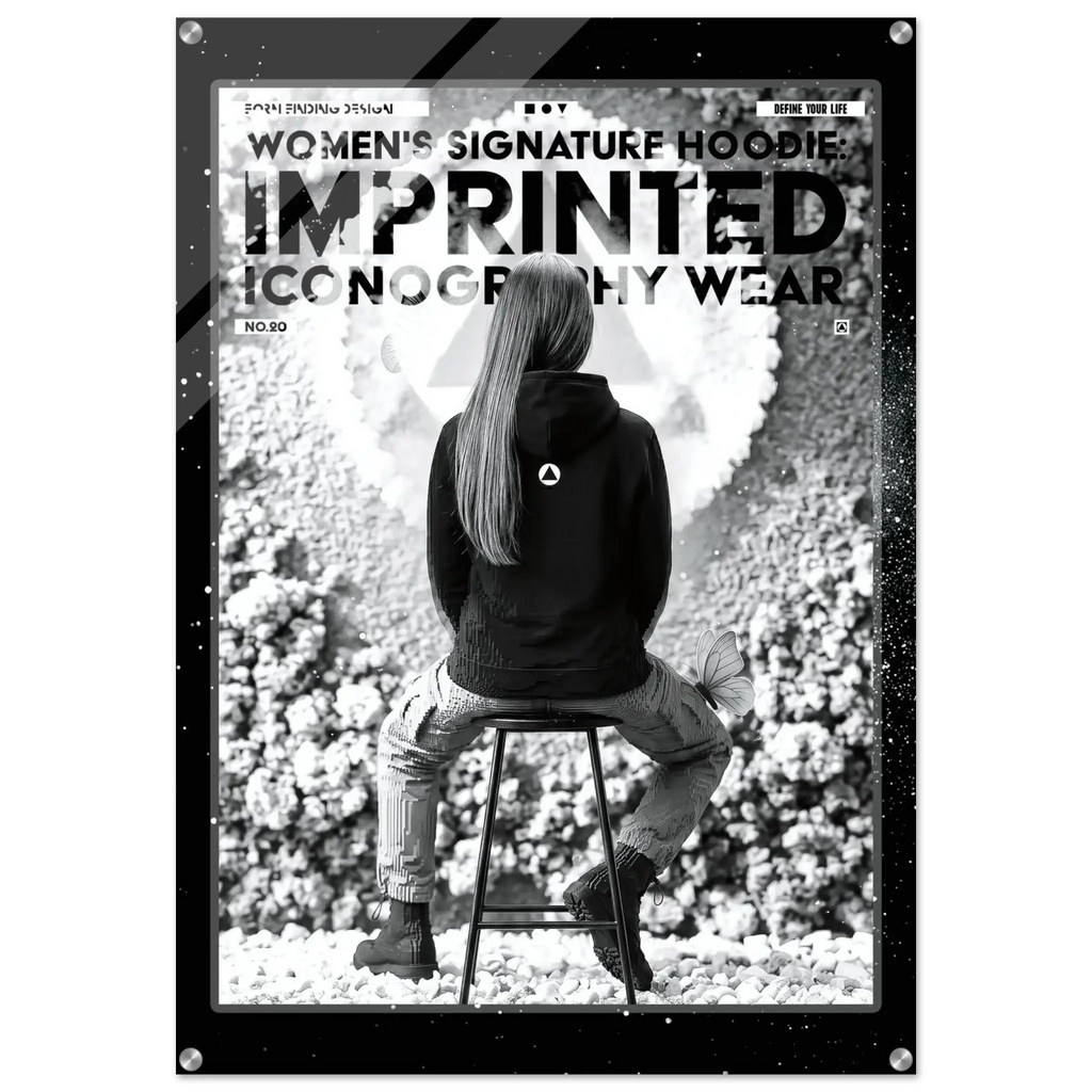 A black and white fashion poster featuring a seated woman from behind wearing a hoodie, with large text reading 'WOMEN'S SIGNATURE HOODIE IMPRINTED ICONOGRAPHY WEAR' and 'NO. 20'.