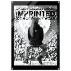 A black and white fashion poster featuring a seated woman from behind wearing a hoodie, with large text reading 'WOMEN'S SIGNATURE HOODIE IMPRINTED ICONOGRAPHY WEAR' and 'NO. 20'.