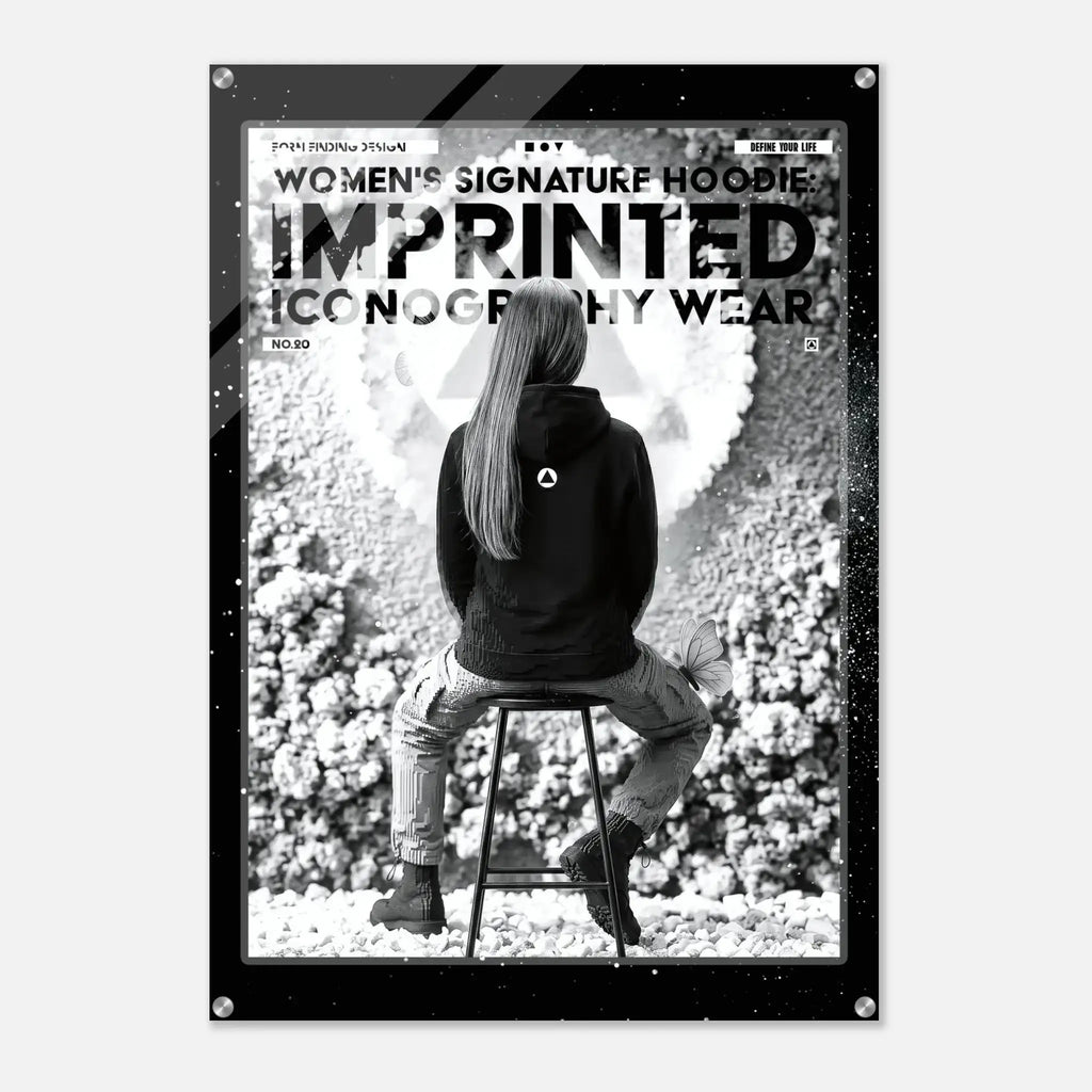 A black and white fashion poster featuring a seated woman from behind wearing a hoodie, with large text reading 'WOMEN'S SIGNATURE HOODIE' and 'IMPRINTED ICONOGRAPHY WEAR'. The poster is shown centered on a light gray background with a black border and small corner fasteners visible.
