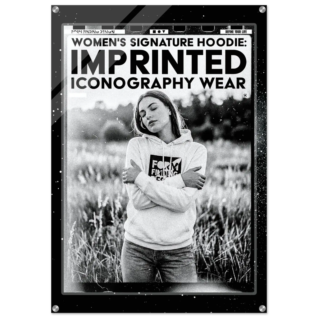 A black graphic hoodie with bold white text reading 'WOMEN'S SIGNATURE HOODIE: IMPRINTED ICONOGRAPHY WEAR' and a black-and-white photo of a woman wearing it, shown against a white background.