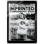 A black graphic hoodie with bold white text reading 'WOMEN'S SIGNATURE HOODIE: IMPRINTED ICONOGRAPHY WEAR' and a black-and-white photo of a woman wearing it, shown against a white background.