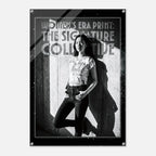 Poster with a woman standing against a textured wall, featuring text about 'Women's Era Print'.