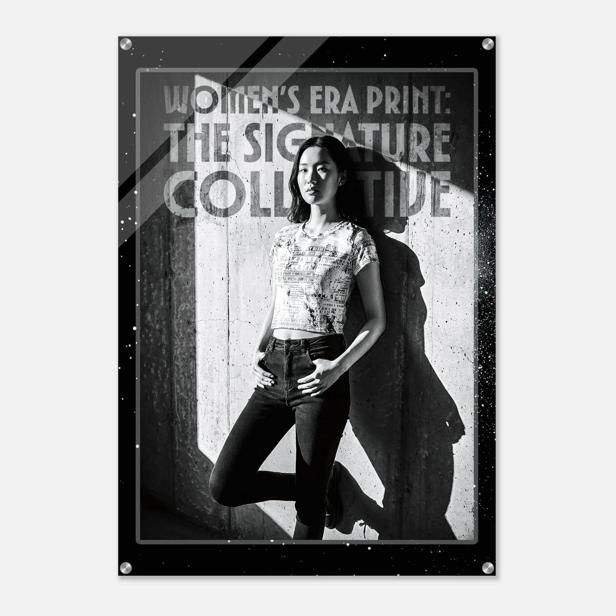 Poster with a woman standing against a textured wall, featuring text about 'Women's Era Print'.