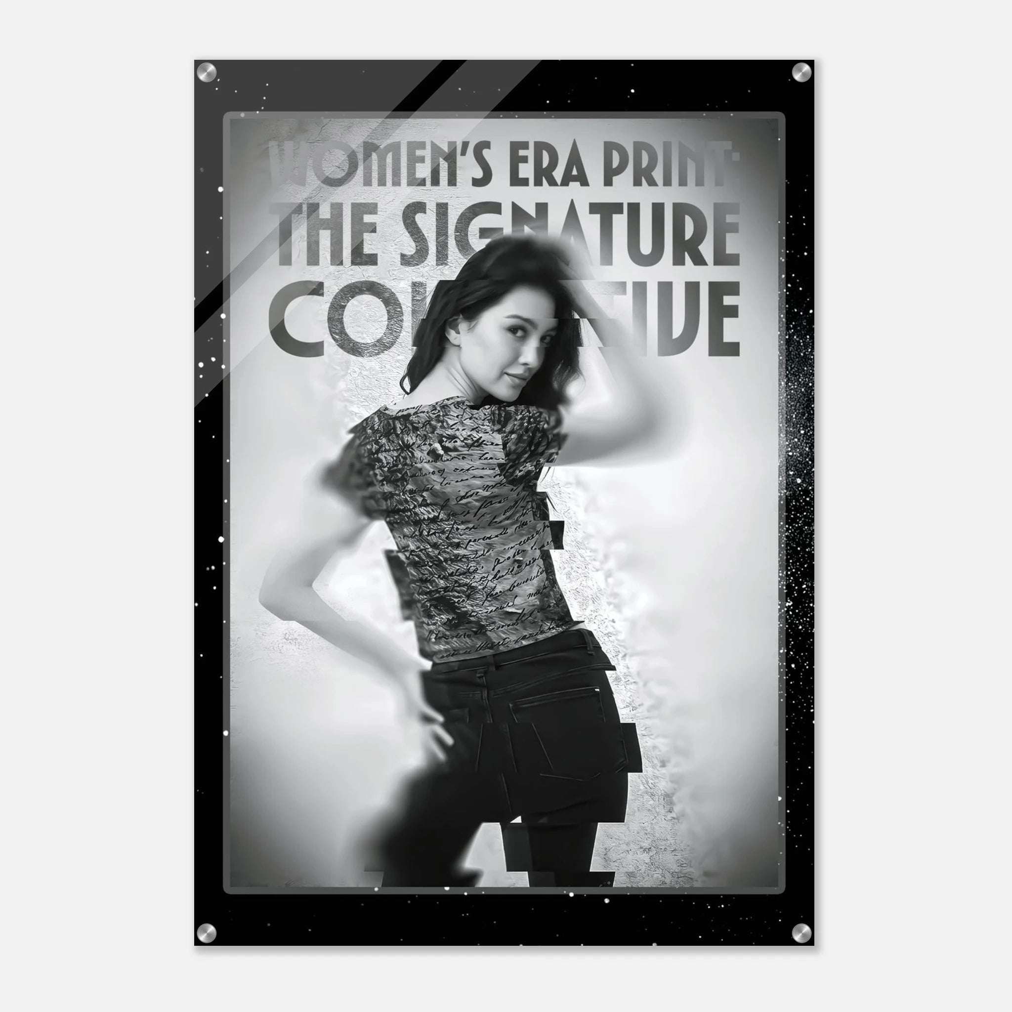 Poster with a woman posing and text about 'Women's Era Print' and 'Signature Collection'.