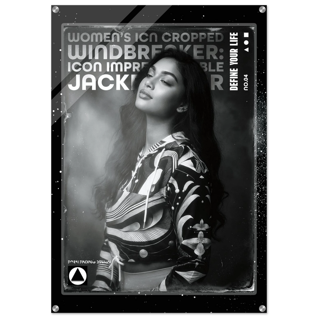 A black and white fashion poster featuring a woman in a patterned top, with bold text including 'WOMEN'S ICON CROPPED WINDBREAKER' and 'JACKETWEAR'. The poster has a distressed border and is shown against a light gray background.