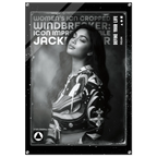 A black and white fashion poster featuring a woman in a patterned top, with bold text including 'WOMEN'S ICON CROPPED WINDBREAKER' and 'JACKETWEAR'. The poster has a distressed border and is shown against a light gray background.