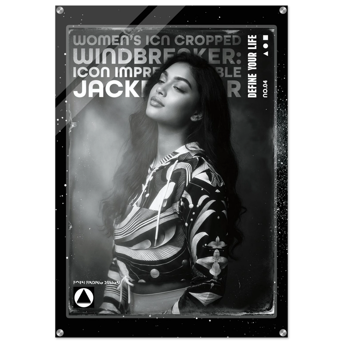 A black and white fashion poster featuring a woman in a patterned top, with bold text including 'WOMEN'S ICON CROPPED WINDBREAKER' and 'JACKETWEAR'. The poster has a distressed border and is shown against a light gray background.