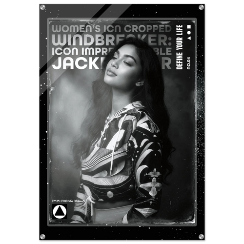A black and white fashion poster featuring a woman in a patterned top, with bold text including 'WOMEN'S ICON CROPPED WINDBREAKER' and 'JACKETWEAR'. The poster has a distressed border and is shown against a light gray background.