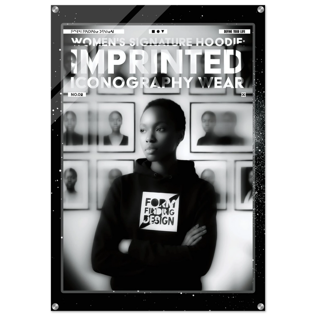 A black and white fashion poster featuring a woman in a hoodie with the text 'FORM FINDING DESIGN' on the front. The poster has a glossy, framed look with a black border and decorative text at the top reading 'WOMEN'S SIGNATURE HOODIE IMPRINTED ICONOGRAPHY WEAR'.