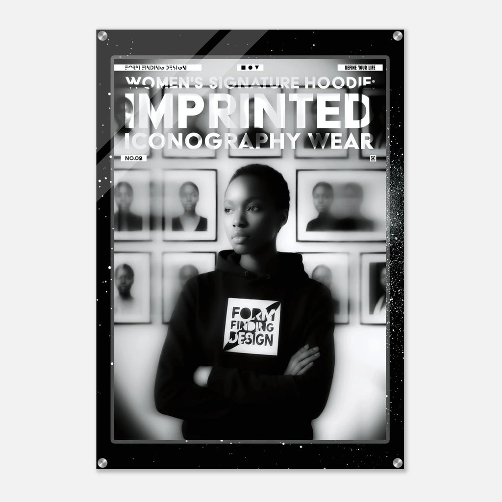 A black and white fashion poster or print featuring a woman in a hoodie with the text 'FORM FINDING DESIGN' and large headline text reading 'WOMEN'S SIGNATURE HOODIE: IMPRINTED ICONOGRAPHY WEAR'.