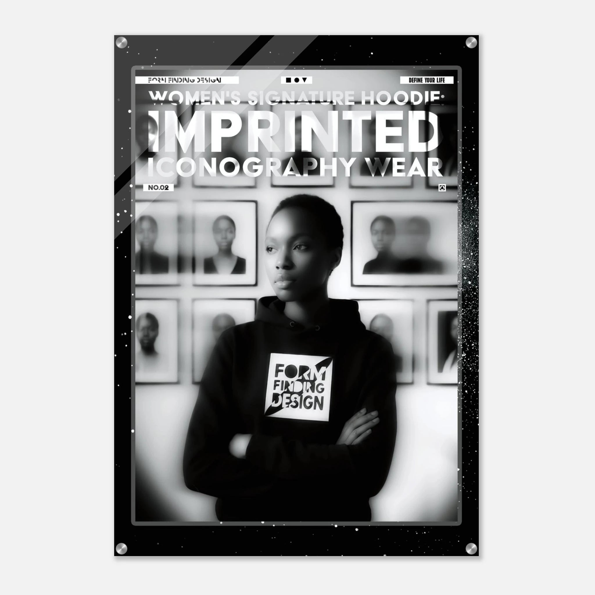 A black and white fashion poster or print featuring a woman in a hoodie with the text 'FORM FINDING DESIGN' and large headline text reading 'WOMEN'S SIGNATURE HOODIE: IMPRINTED ICONOGRAPHY WEAR'.