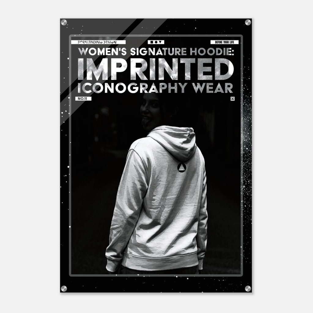 A black and white poster-style product image showing a person from behind wearing a hoodie, with large text reading 'WOMEN'S SIGNATURE HOODIE: IMPRINTED ICONOGRAPHY WEAR.' The poster is presented on a light gray background with a glossy finish and rounded corners.