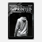 A black and white poster-style product image showing a person from behind wearing a hoodie, with large text reading 'WOMEN'S SIGNATURE HOODIE: IMPRINTED ICONOGRAPHY WEAR.' The poster is presented on a light gray background with a glossy finish and rounded corners.